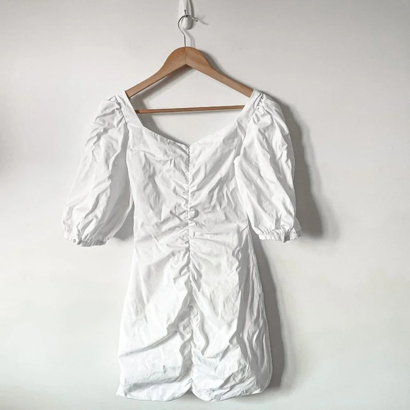 Zara Ruched Cotton Puff Sleeve Mini Dress White  Sz S - Picture 7 of 7